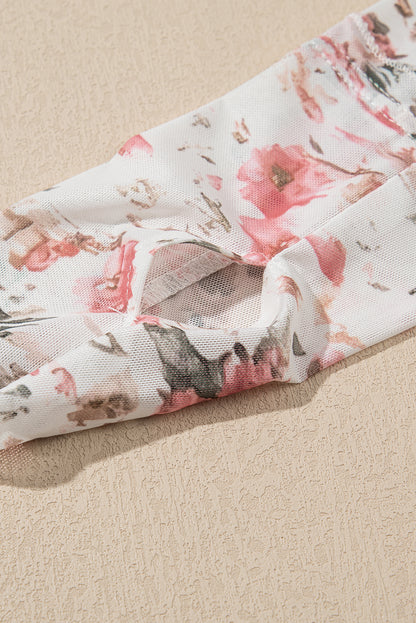Pink Floral Print Mesh Mock Neck Slim Blouse - The Fair Lady Shop