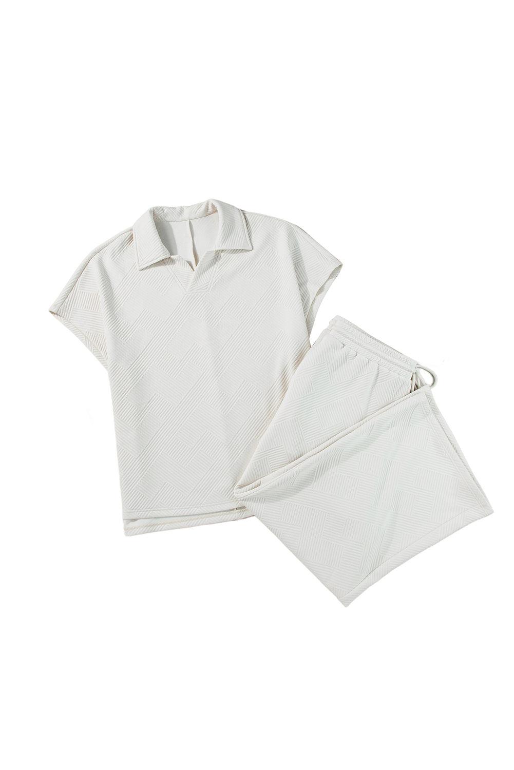 Beige Plus Size Textured Collared Top and Drawstring Pants Set - The Fair Lady Shop