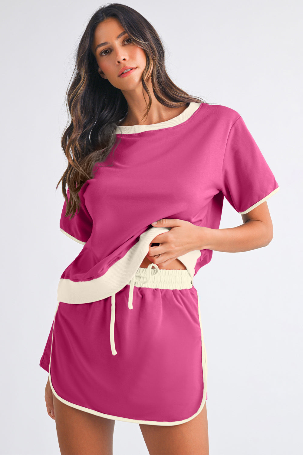 Rose Red Colorblock Edge Drop Shoulder T Shirt and Skort Set