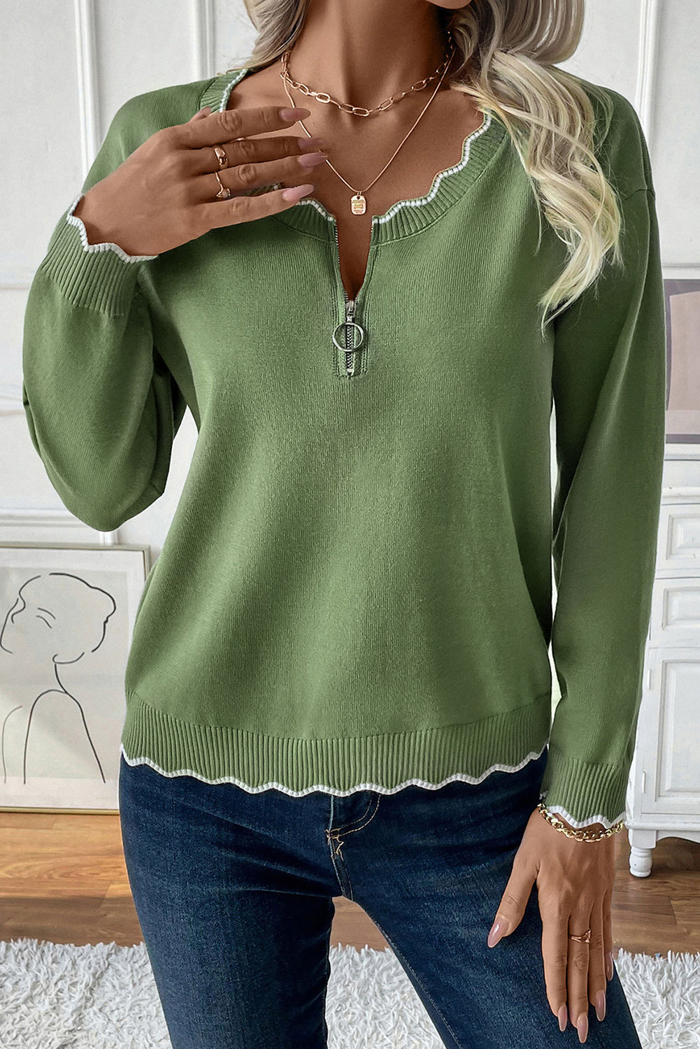 Vineyard Green Solid Color Border Open Zipper Sweater - The Fair Lady Shop