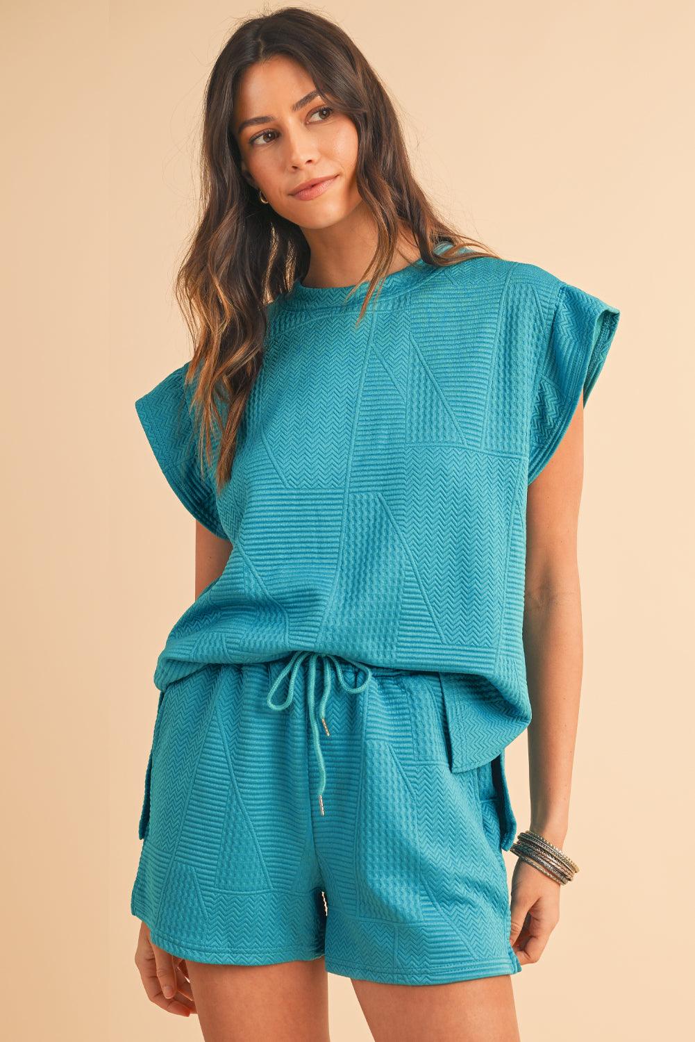 Dark Green Textured Ruffle Split Top and Drawstring Shorts Set - The Fair Lady Shop