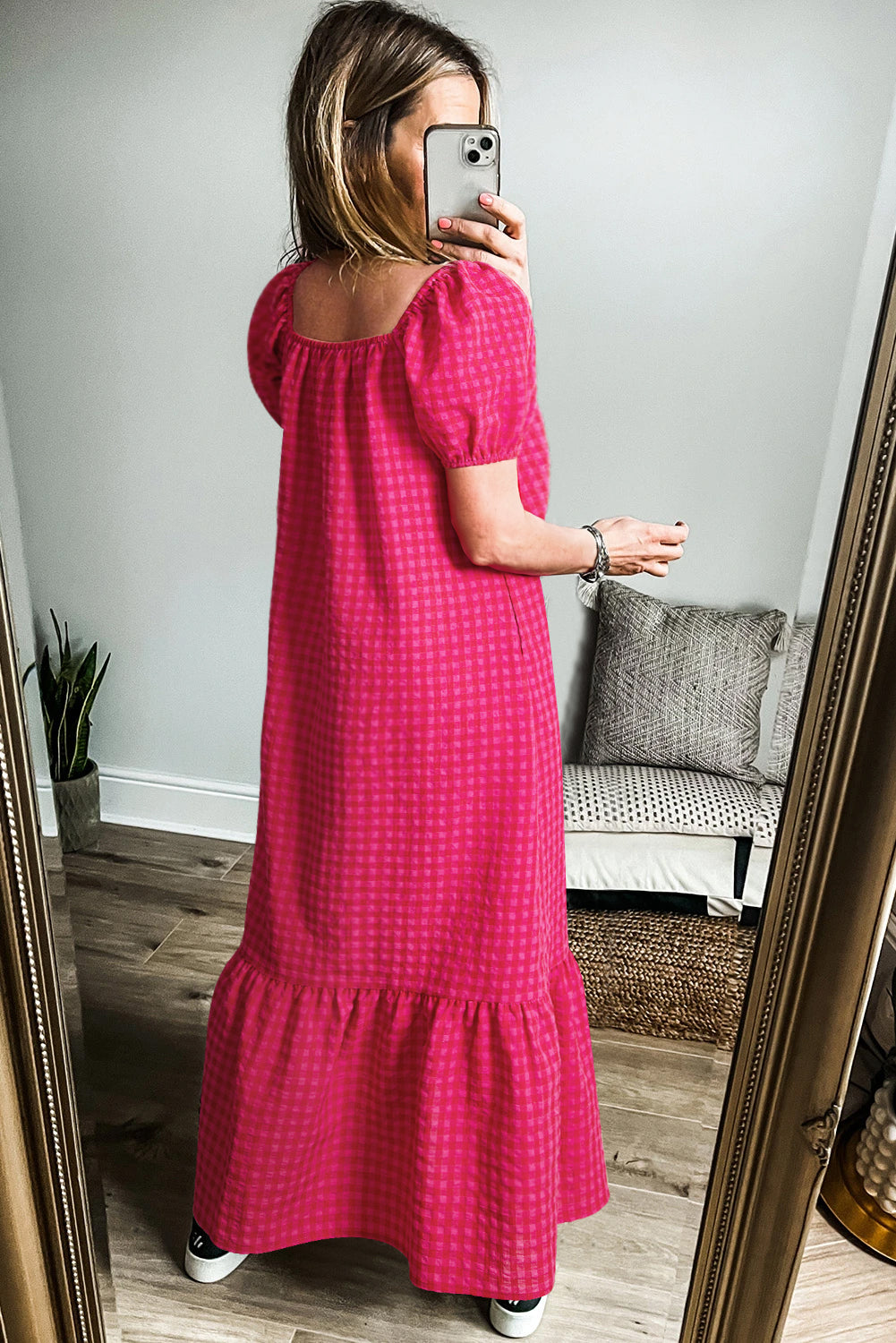 Rose Plaid Square Neck Puff Sleeve Maxi Dress - The Fair Lady Shop