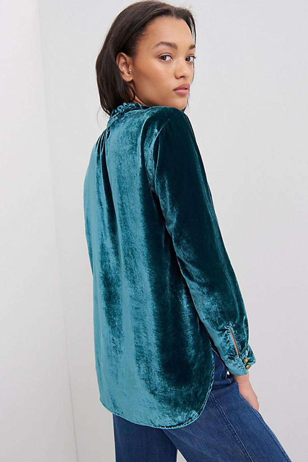 Green Frilled Neck Buttoned Front Velvet Top - The Fair Lady Shop