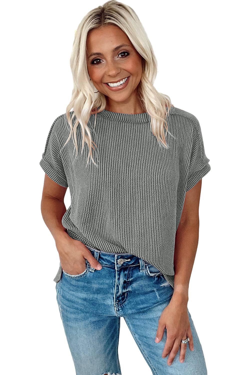 Medium Grey Ribbed Knit Exposed Seam Round Neck T-shirt - The Fair Lady Shop