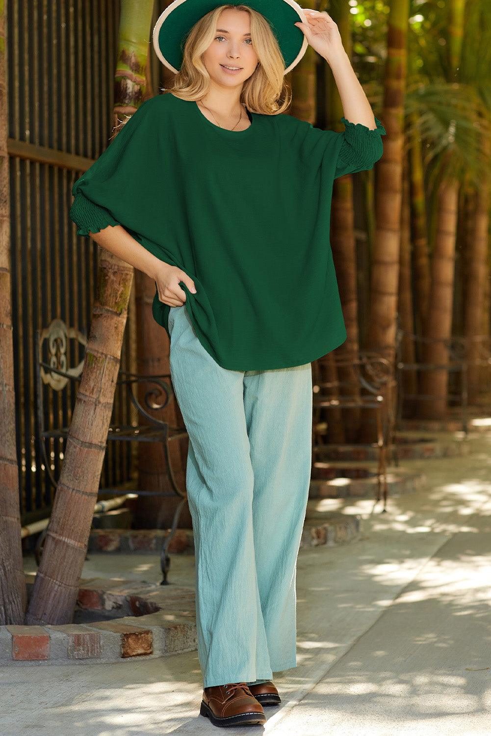 White Plain & Casual Shirred Cuffs Half Sleeve Top - The Fair Lady Shop