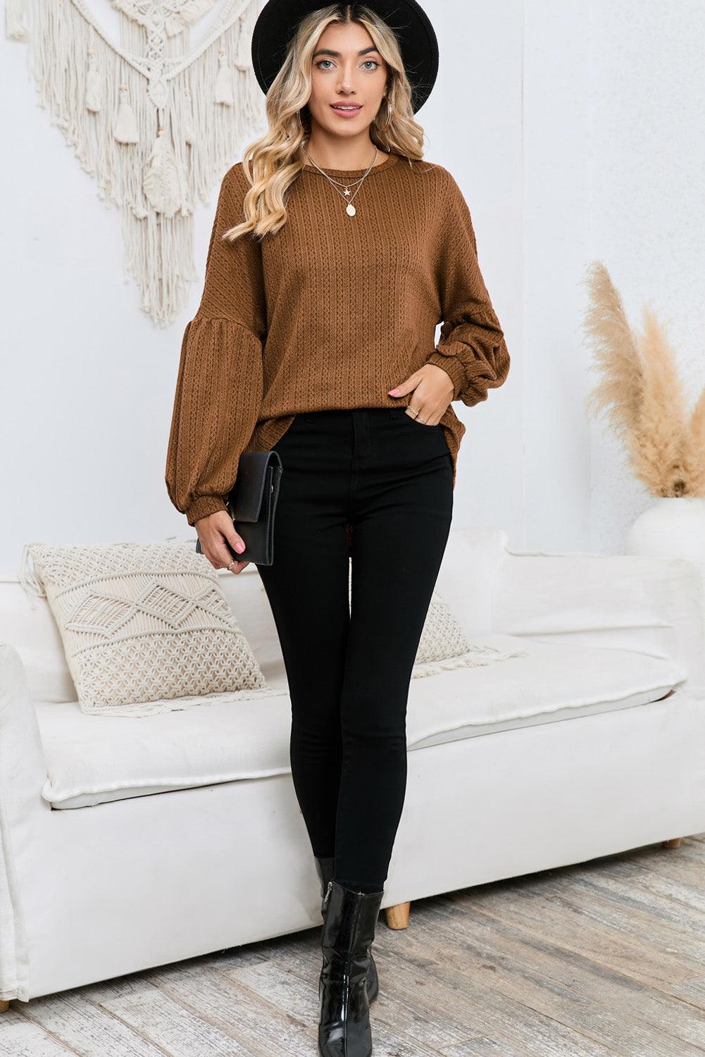 Ruby Solid Color Textured Lantern Sleeve Top - The Fair Lady Shop