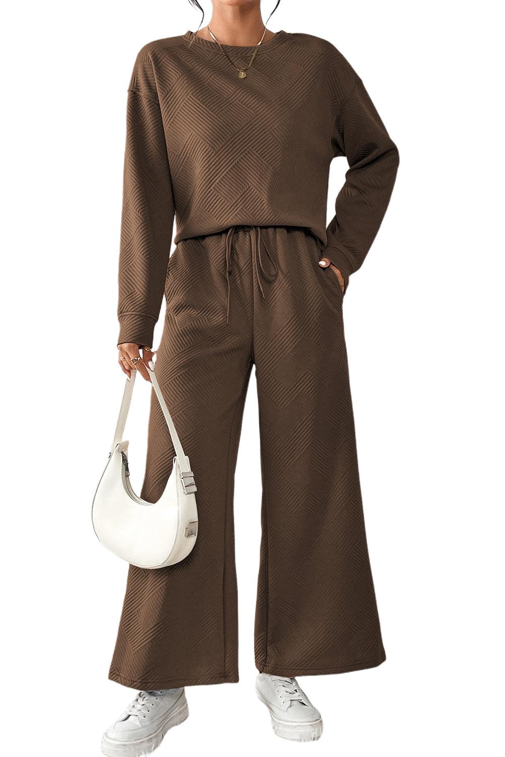 Dark Brown Textured Loose Slouchy Long Sleeve Top and Pants Set - The Fair Lady Shop