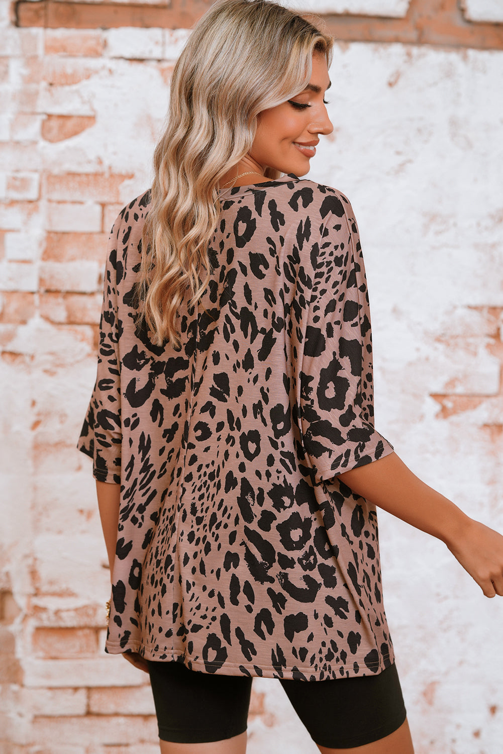 Brown Leopard Print V Neck Half Sleeve Oversized Tee - The Fair Lady Shop