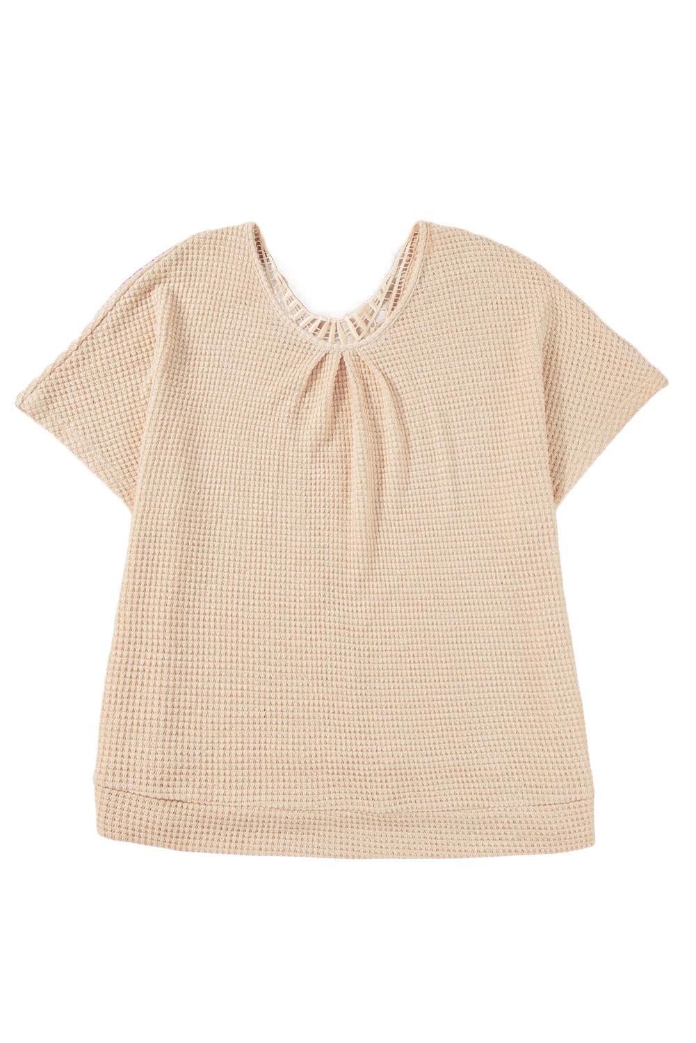 Beige Hollowed Lace Applique Plus Size Waffle T Shirt - The Fair Lady Shop