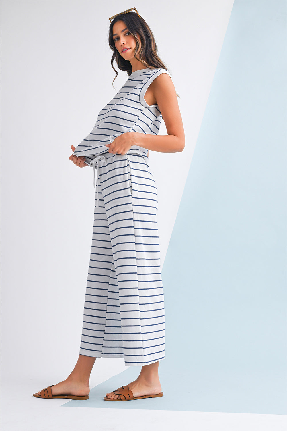 Sail Blue Casual Striped Tee and Wide Leg Pants Set - The Fair Lady Shop