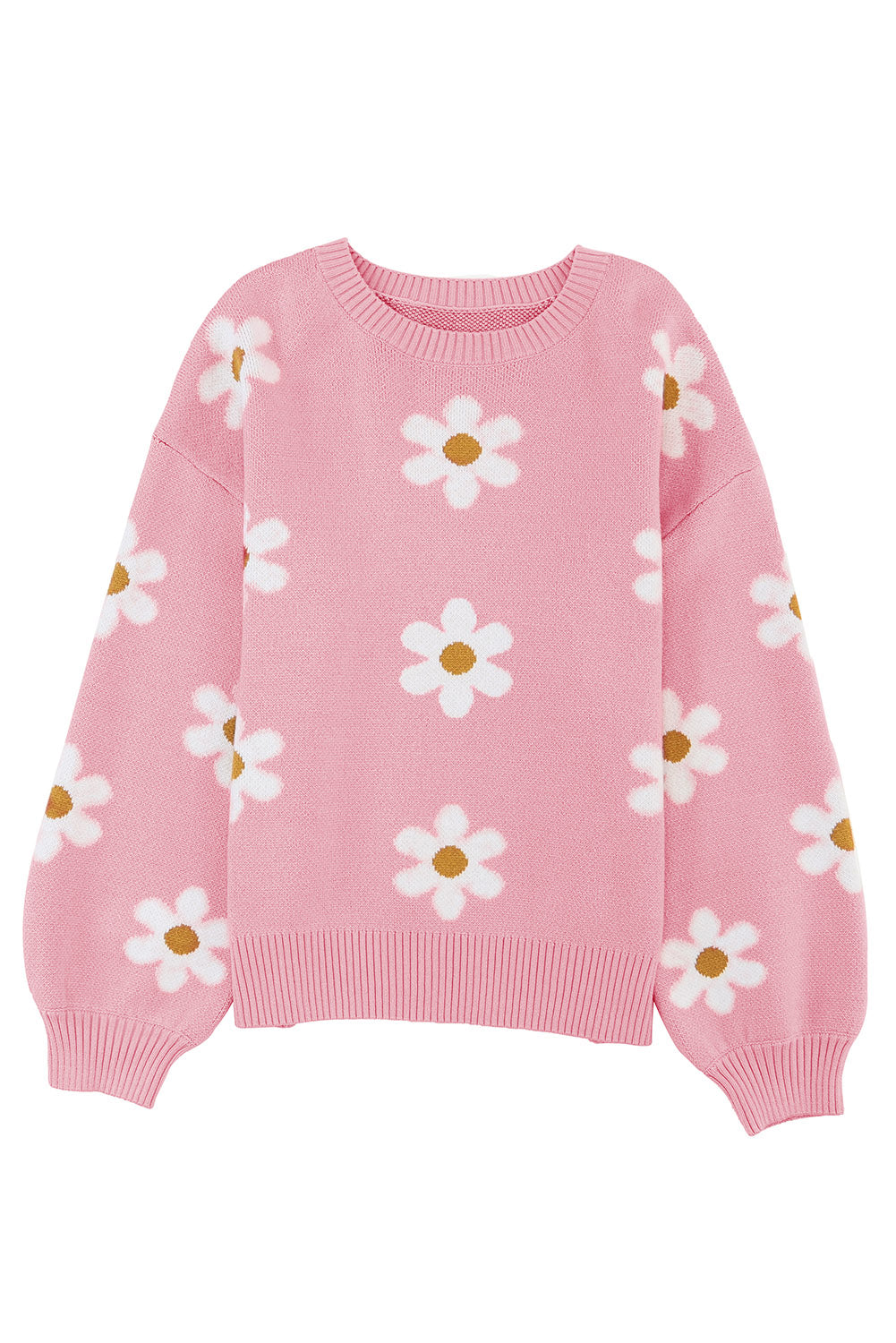 Pink 60s Floral Pattern Drop Shoulder Pullover Knit Sweater - The Fair Lady Shop