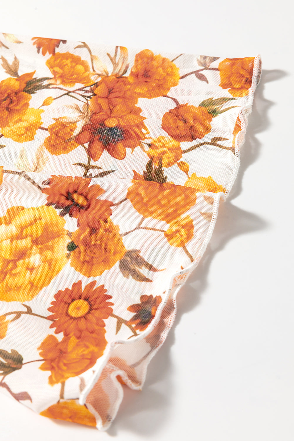 Orange Floral Print Bell Sleeve Mock Neck Scallop Trim Blouse - The Fair Lady Shop