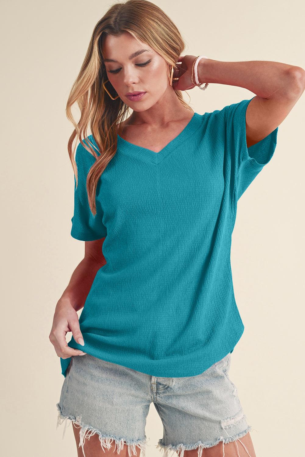 Blue Plain Crinkled V Neck Flounce Sleeve T Shirt - The Fair Lady Shop