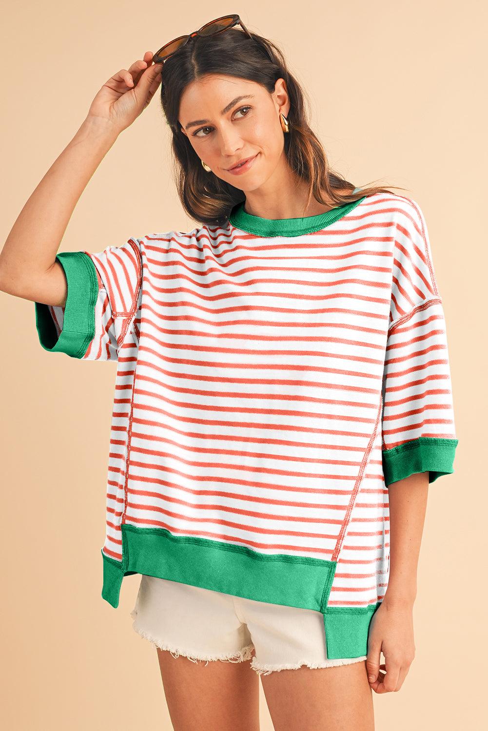 Pink Stripe Colorblock Drop Sleeve Oversized T Shirt - The Fair Lady Shop