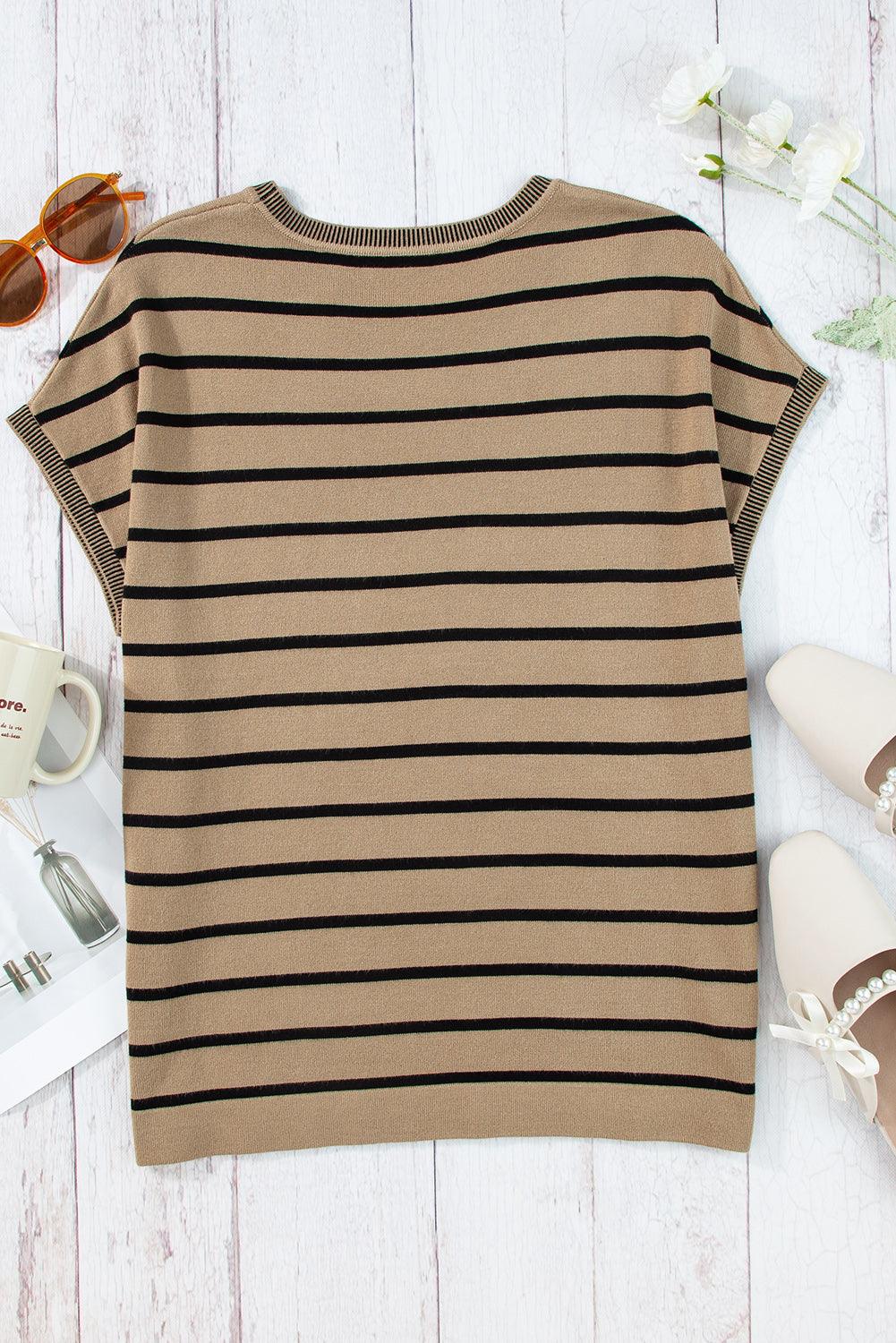 Khaki Stripe Knitted Dolman T Shirt - The Fair Lady Shop