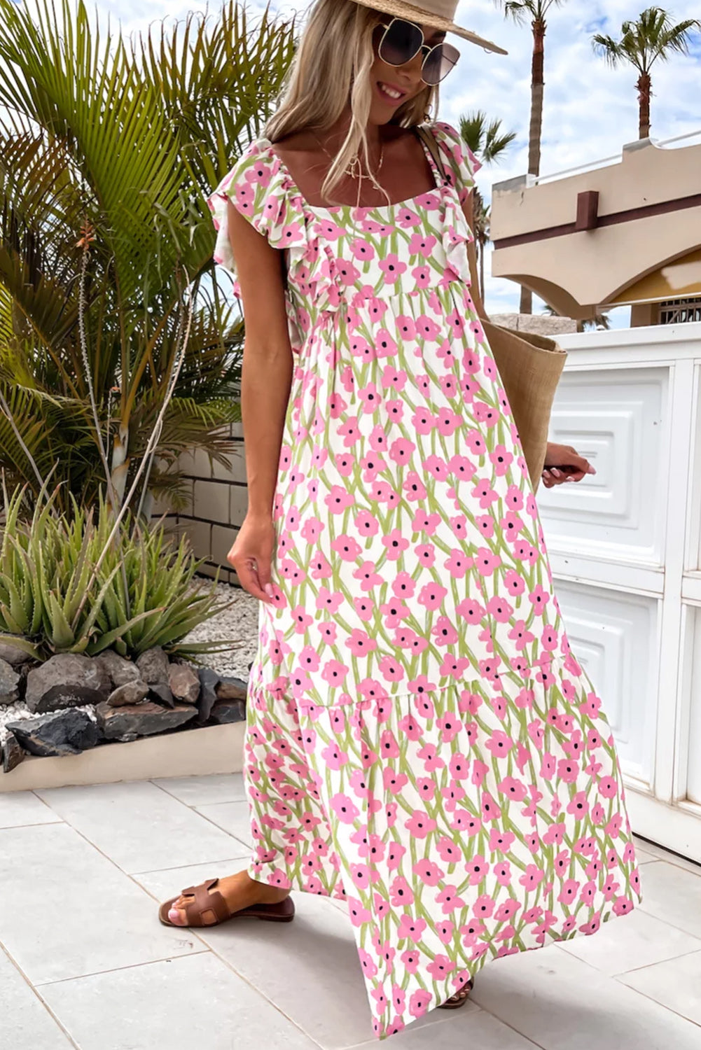 Pink Floral Print Square Neck Ruffled Strap Maxi Dress - The Fair Lady Shop