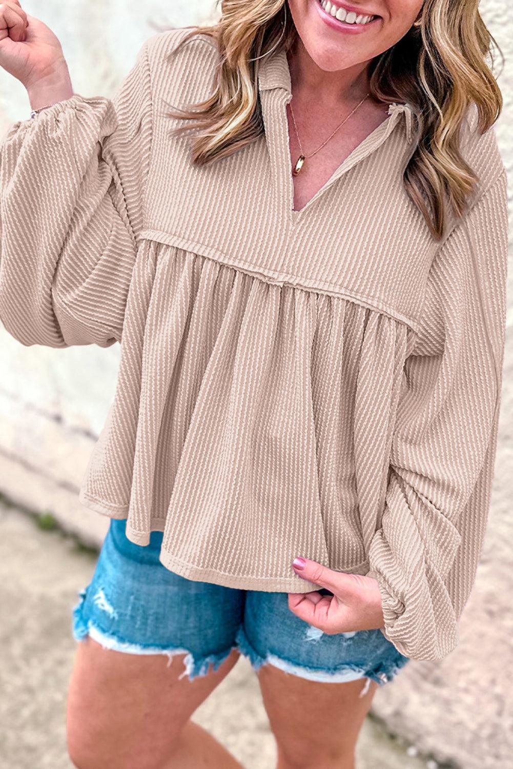 Parchment Corded Turn-down Collar Bubble Sleeve Babydoll Top - The Fair Lady Shop