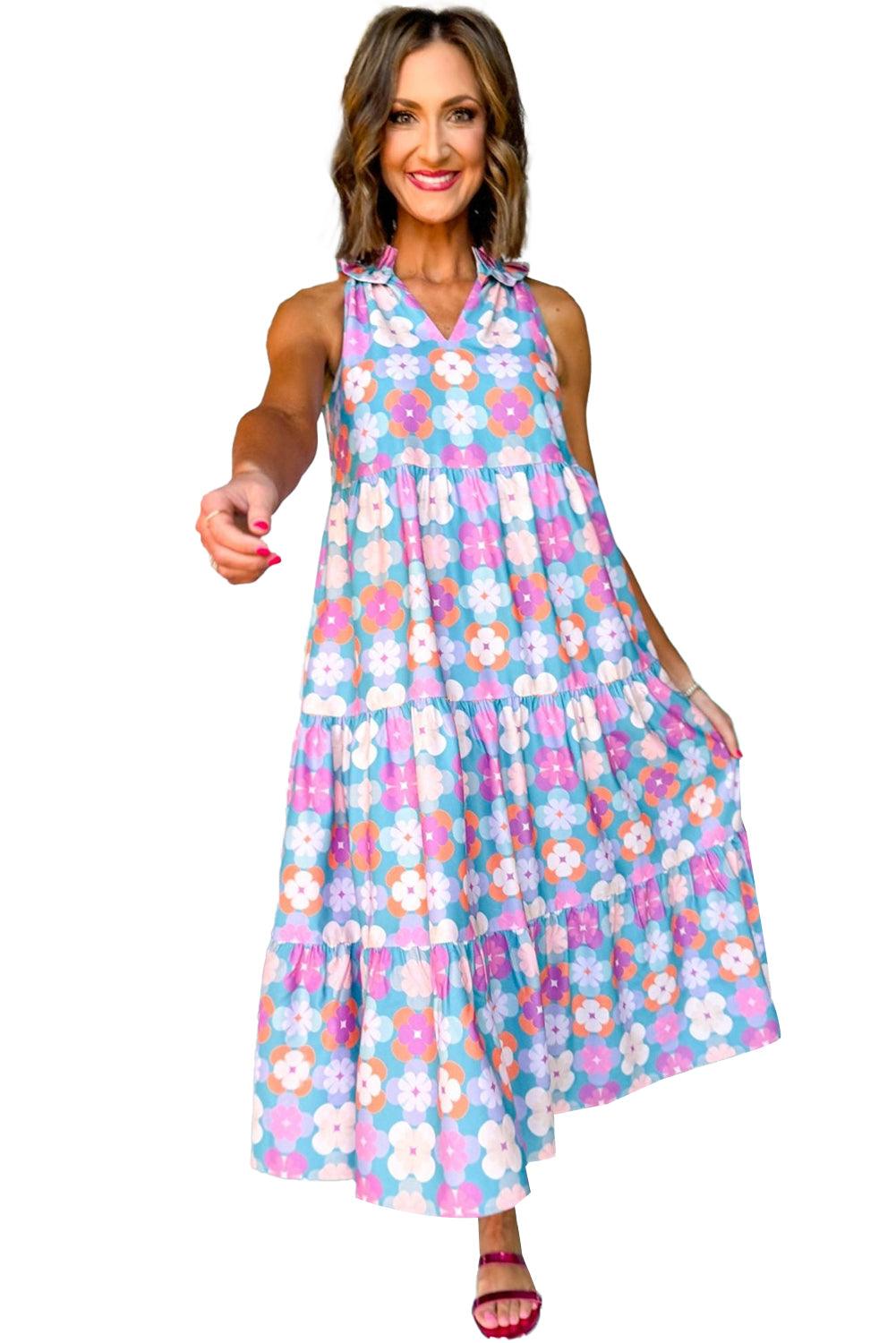 Sky Blue 60s Flower Split Neck Sleeveless Tiered Maxi Dress - The Fair Lady Shop