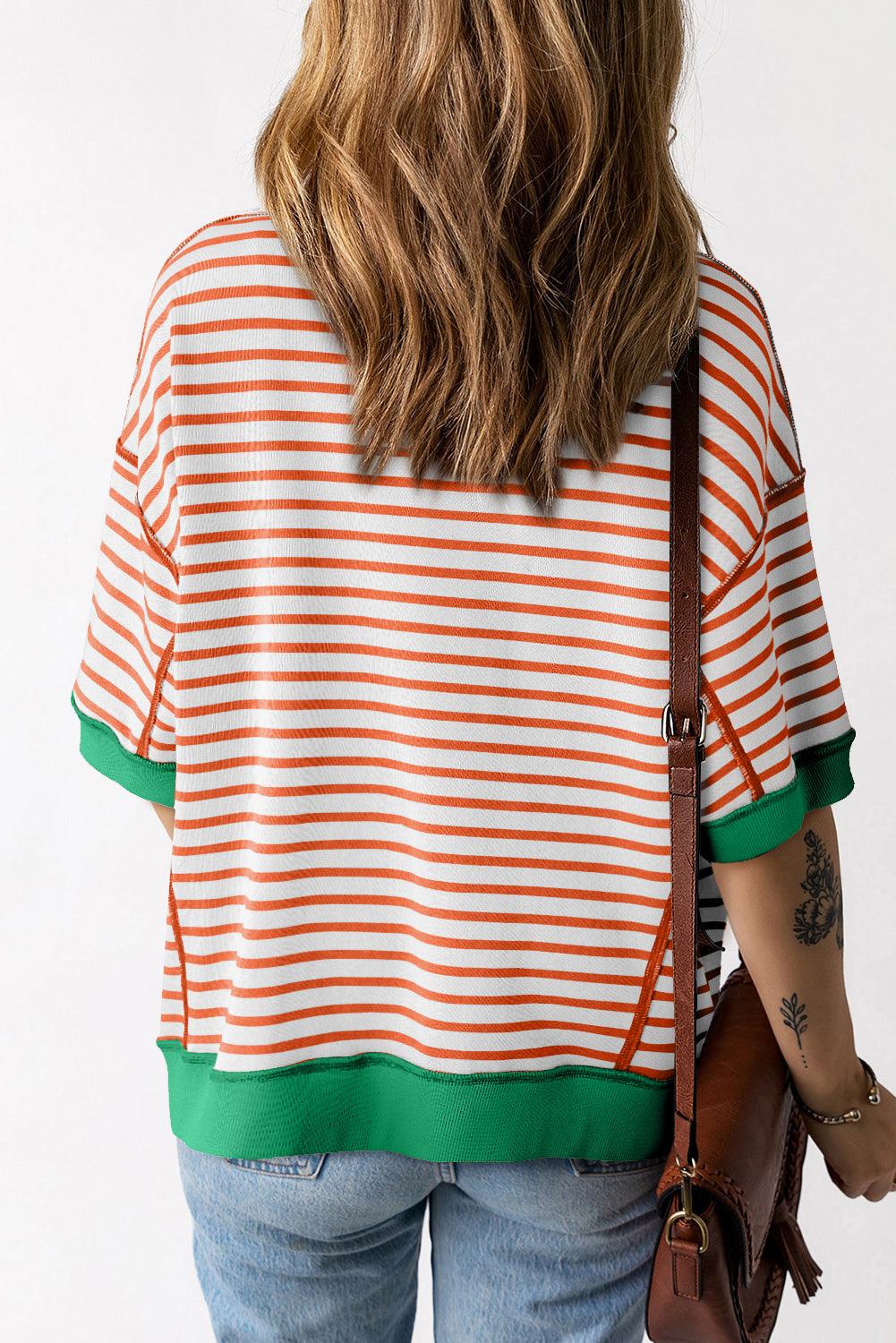 Pink Stripe Colorblock Drop Sleeve Oversized T Shirt - The Fair Lady Shop