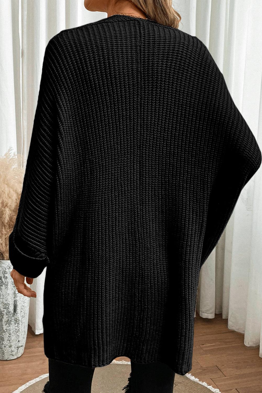 Black Batwing Sleeve Pocket Oversized Cable Knit Cardigan - The Fair Lady Shop