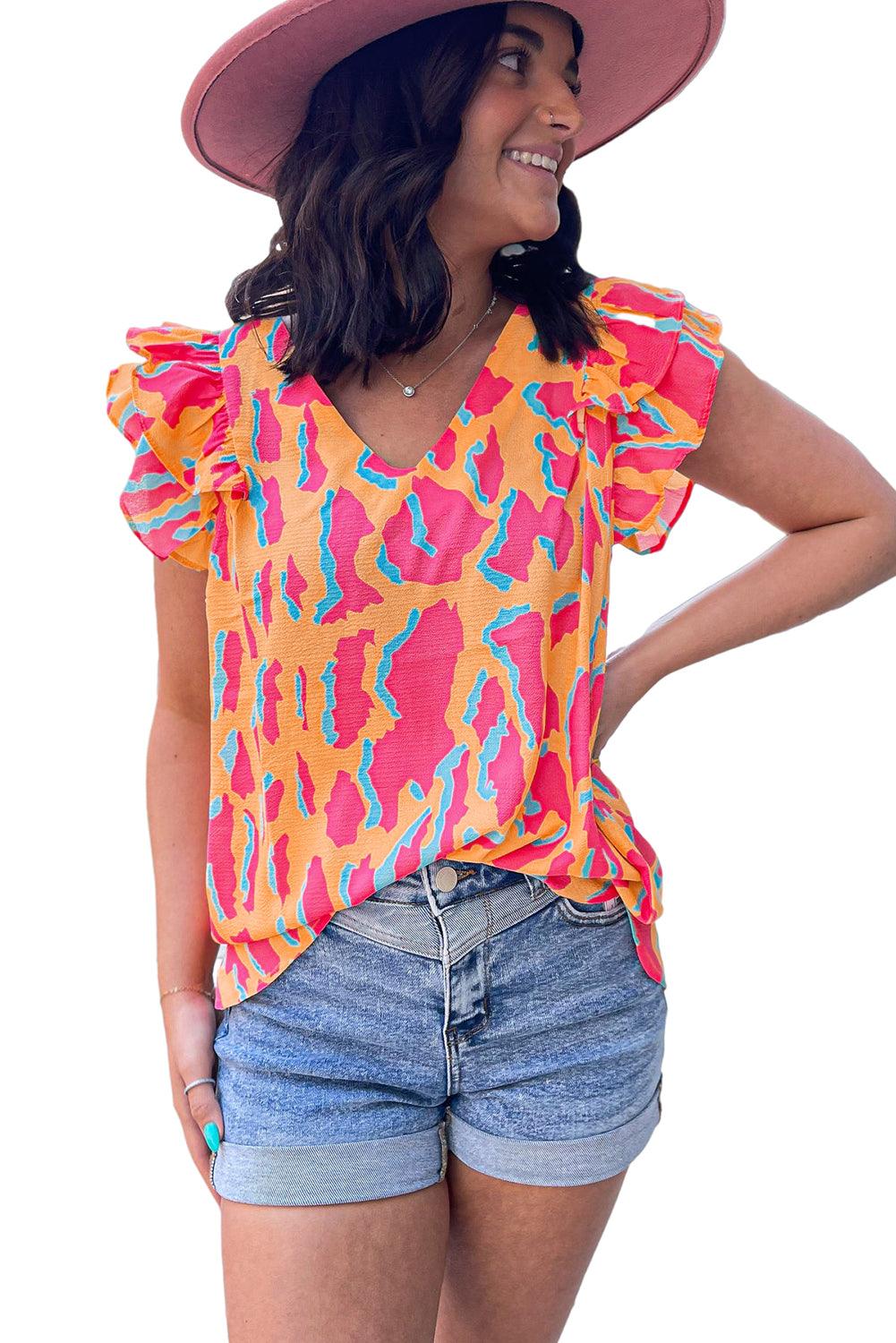 Orange Abstract Print V Neck Ruffled Sleeve Blouse - The Fair Lady Shop