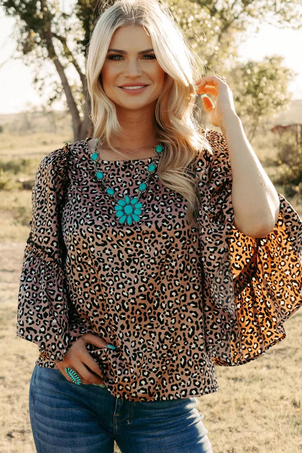 Chestnut Leopard Ruffle Flounce Sleeve Blouse - The Fair Lady Shop
