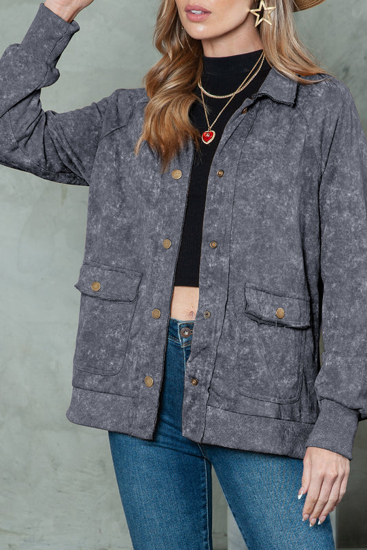 Gray Snap Button Casual Flap Pockets Washed Jacket - The Fair Lady Shop