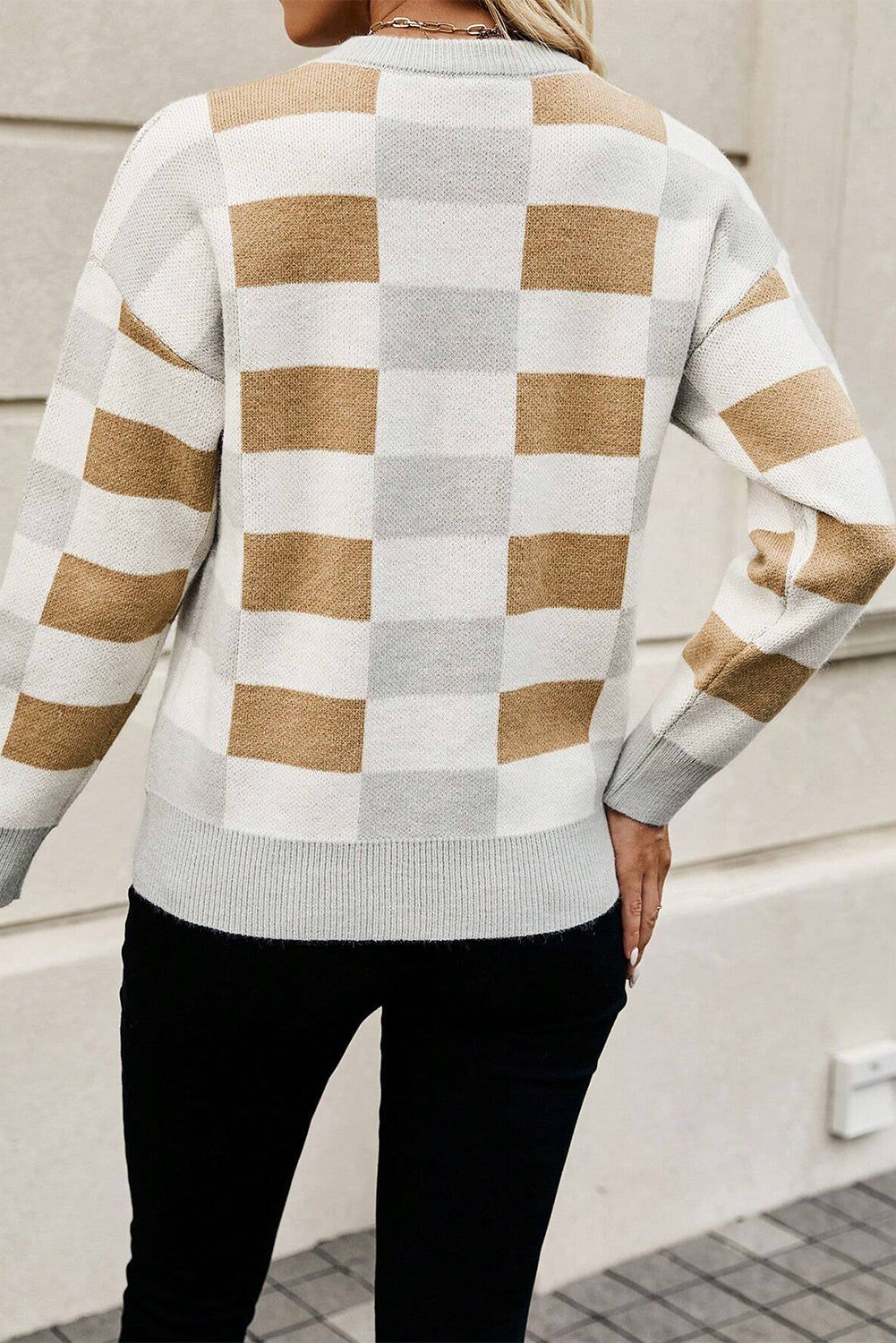 Khaki Checkered Crew Neck Drop Shoulder Knit Sweater - The Fair Lady Shop
