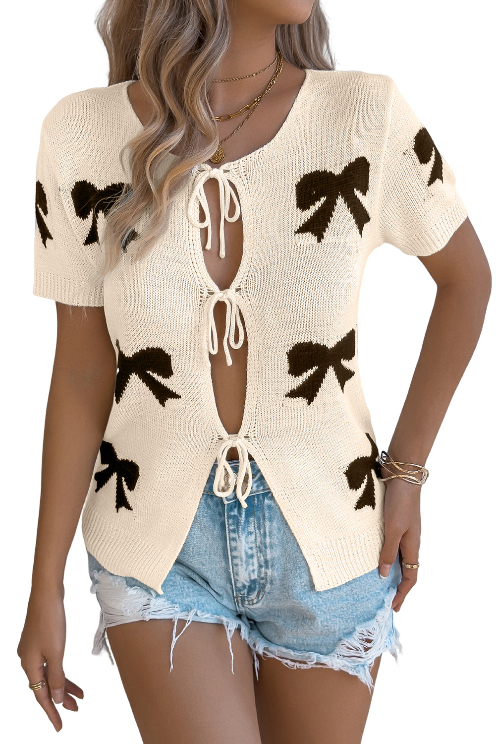 Beige Bow Tie Front Short Sleeve Knit Top - The Fair Lady Shop