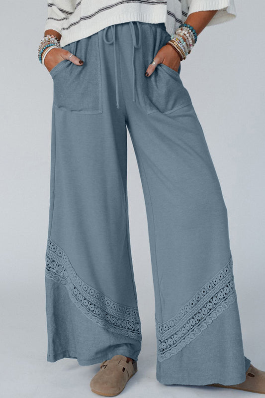 Dusk Blue Lace Crochet Patchwork Drawstring High Waist Wide Leg Pants - The Fair Lady Shop