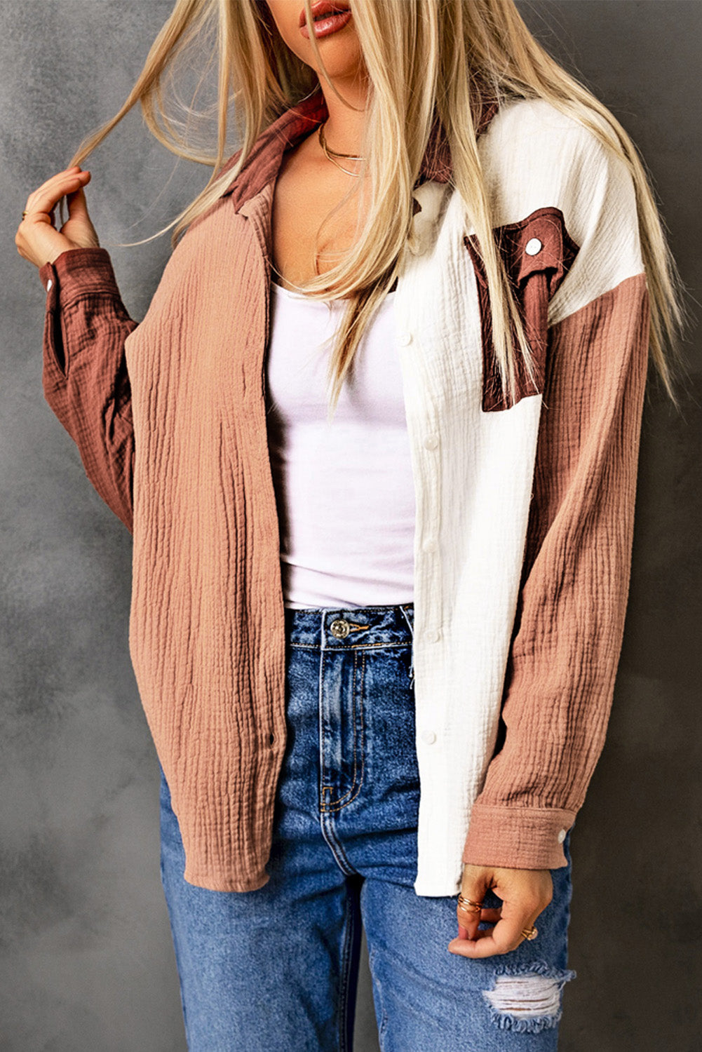 Brown Color Block Pockets Textured Long Sleeve Shacket - The Fair Lady Shop