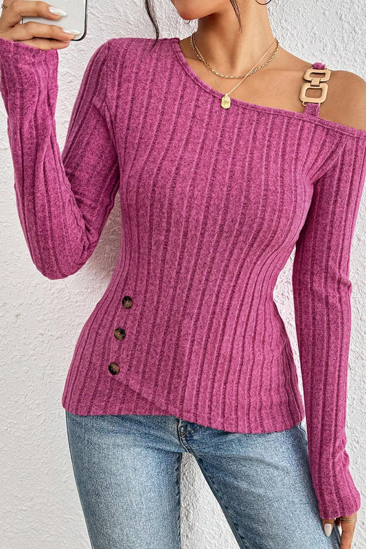 Bright Pink Solid Color Off Shoulder Asymmetrical Hem Long Sleeve Top - The Fair Lady Shop