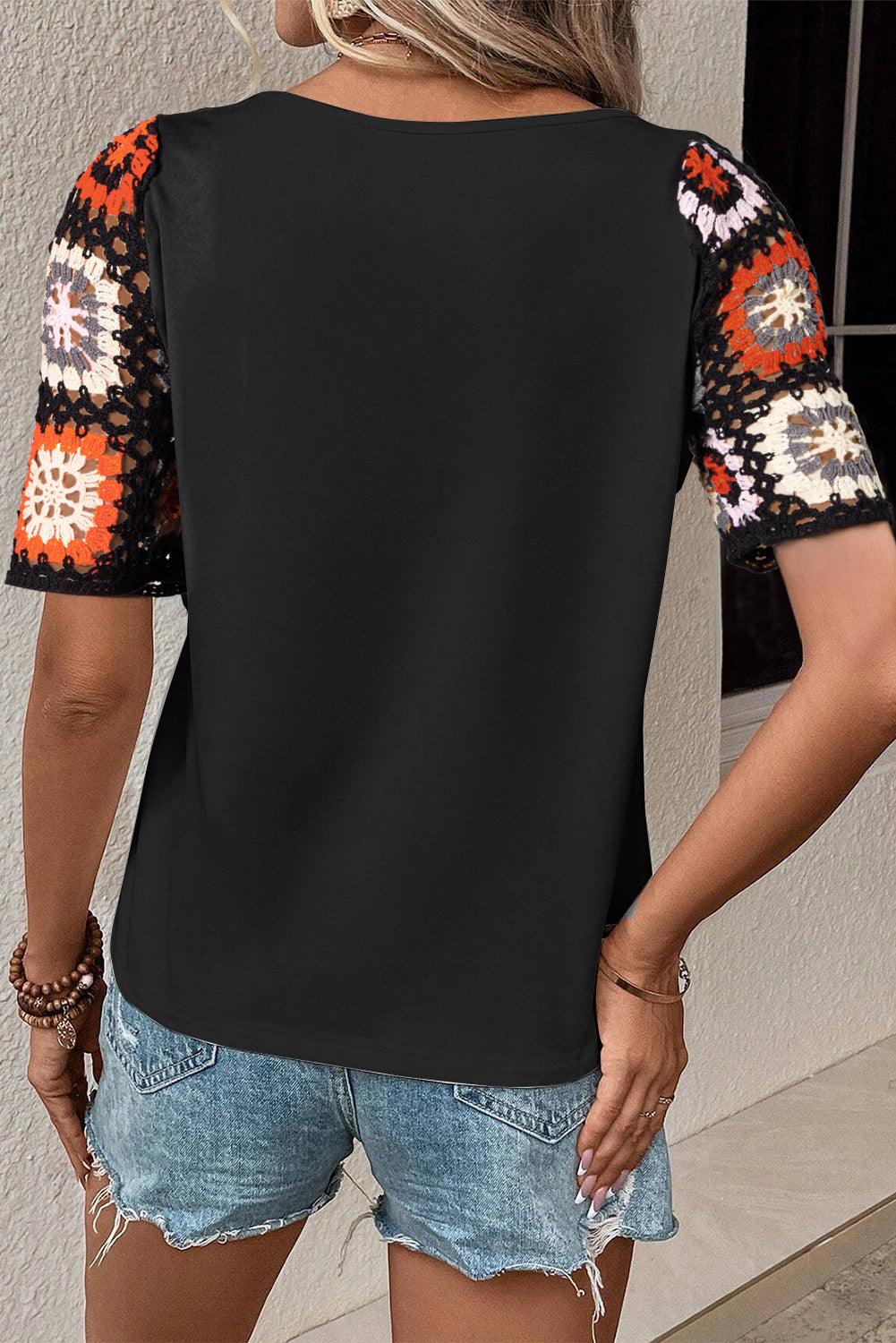 Black Floral Hollowed Crochet Sleeve Boho T Shirt - The Fair Lady Shop