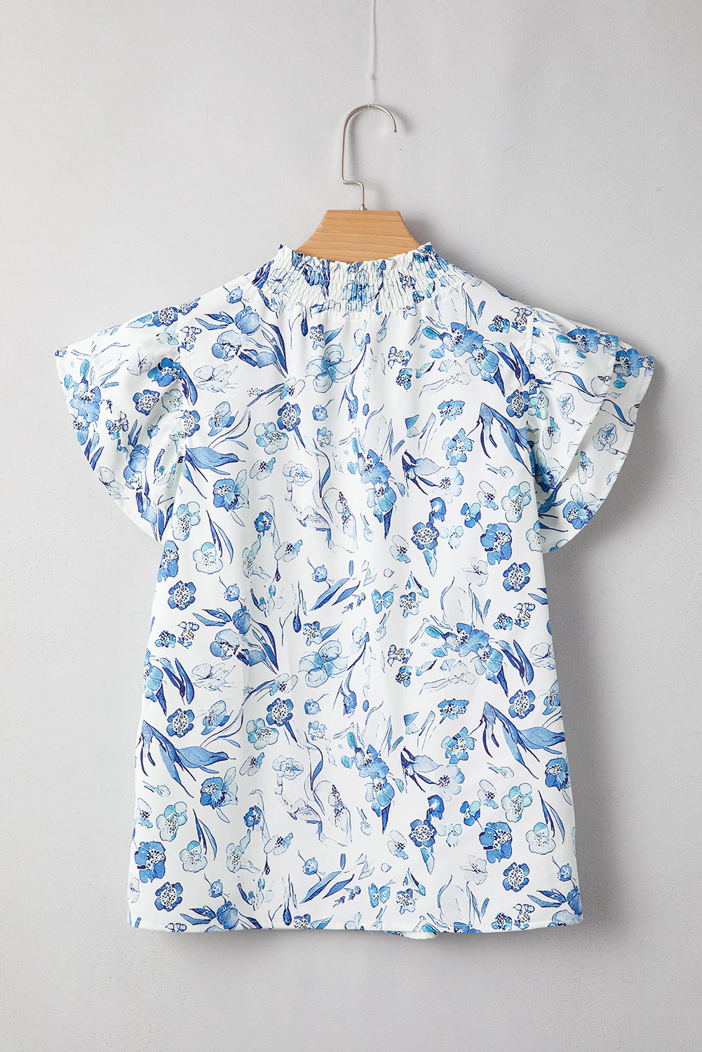 Sky Blue Ruffle Short Sleeve Floral Print Pop of Color Neckline Blouse - The Fair Lady Shop
