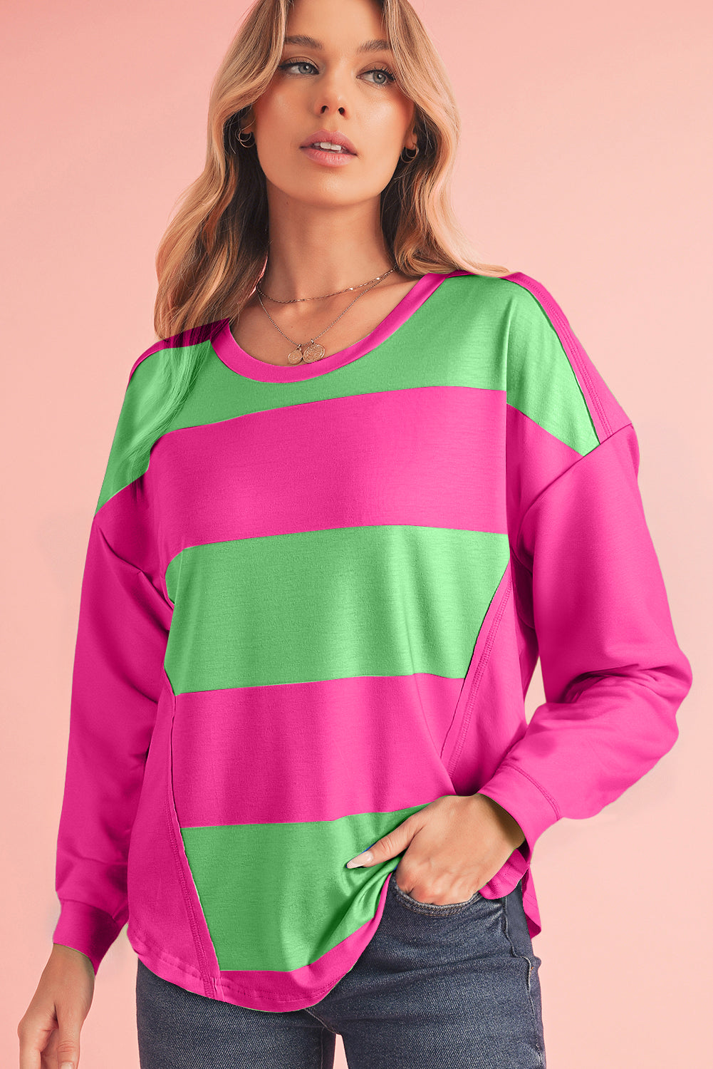 Light Green Colorblock Drop Sleeve Round Neck Top - The Fair Lady Shop