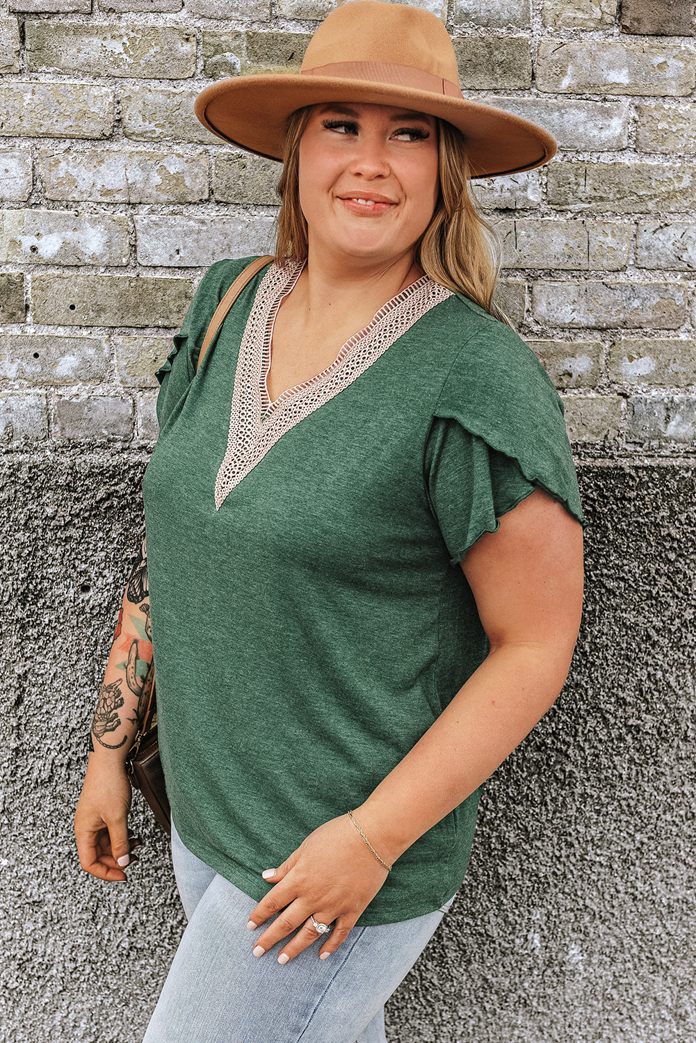 Blackish Green Plus Size Contrast V Neck Draped Sleeve Blouse - The Fair Lady Shop