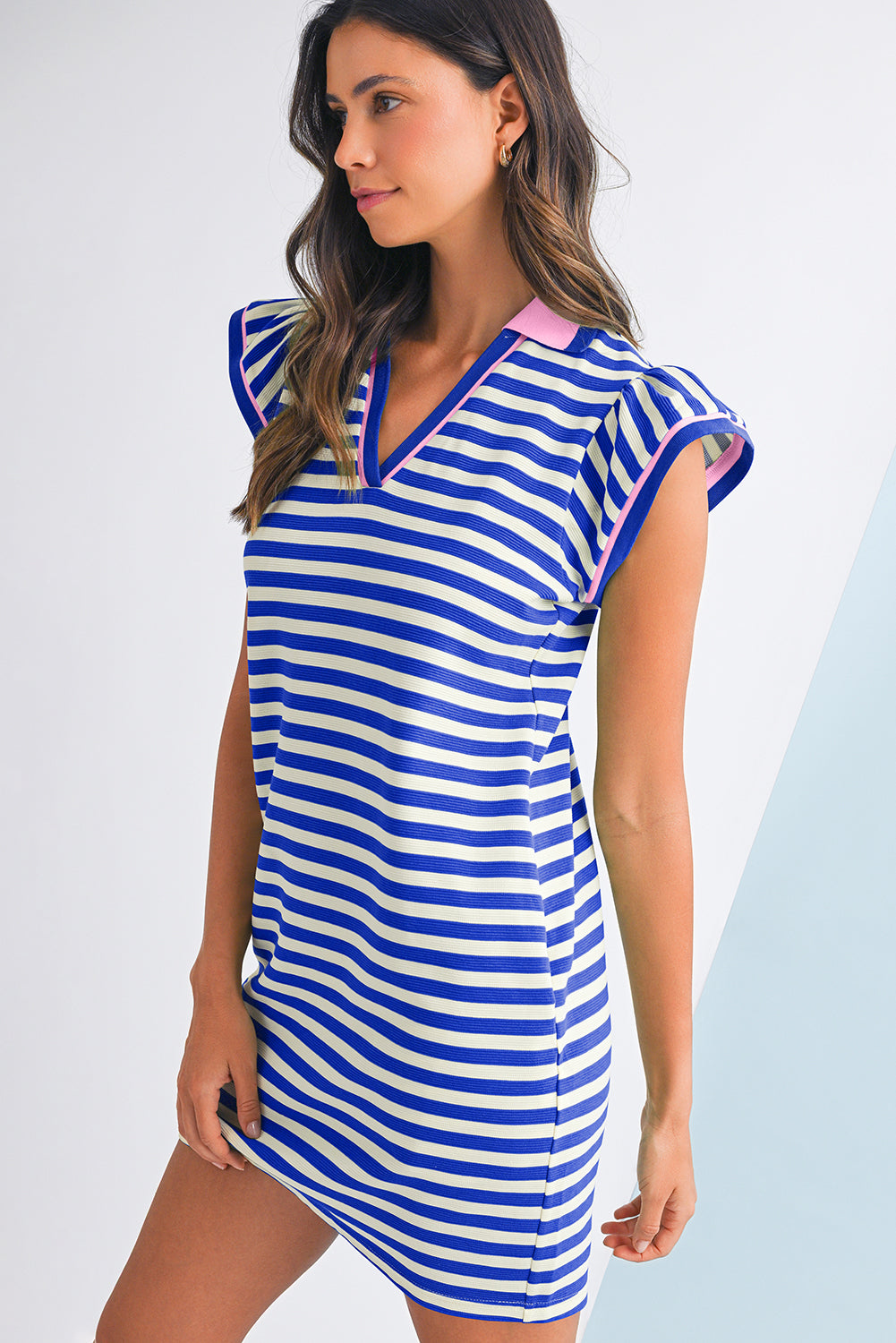 Dark Blue Striped Ruffle Short Sleeve Pop of Color Neckline Dress - The Fair Lady Shop