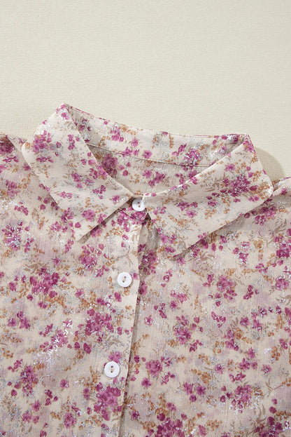 Pink Ditsy Floral Print Bishop Sleeve Collared V Neck Shirt - The Fair Lady Shop