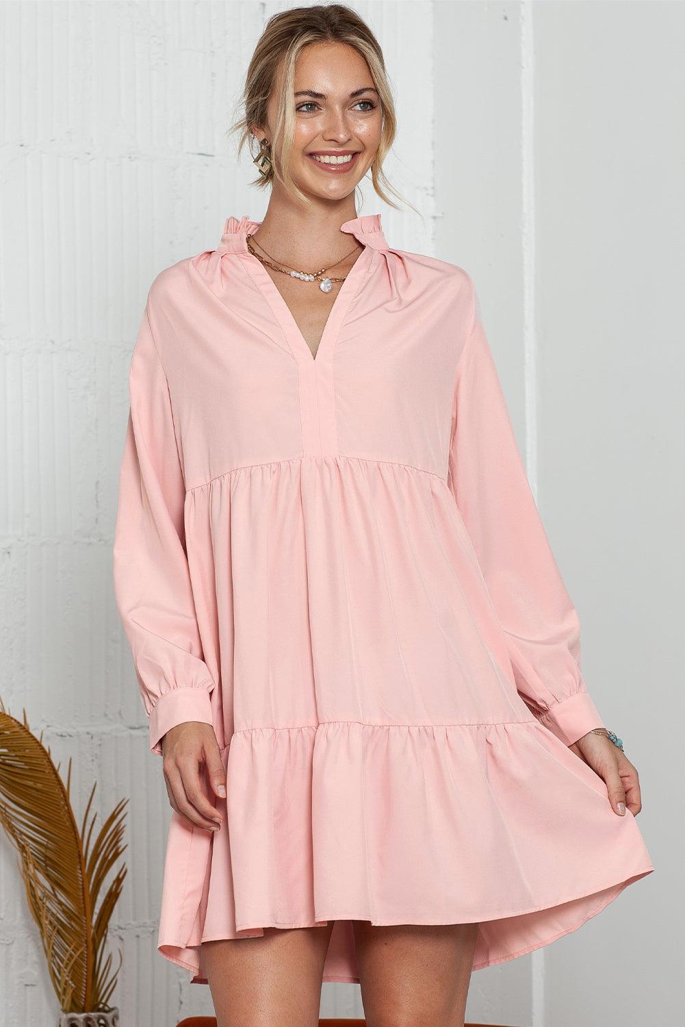 Pink Casual Stand V Neck Short Frill Dress - The Fair Lady Shop