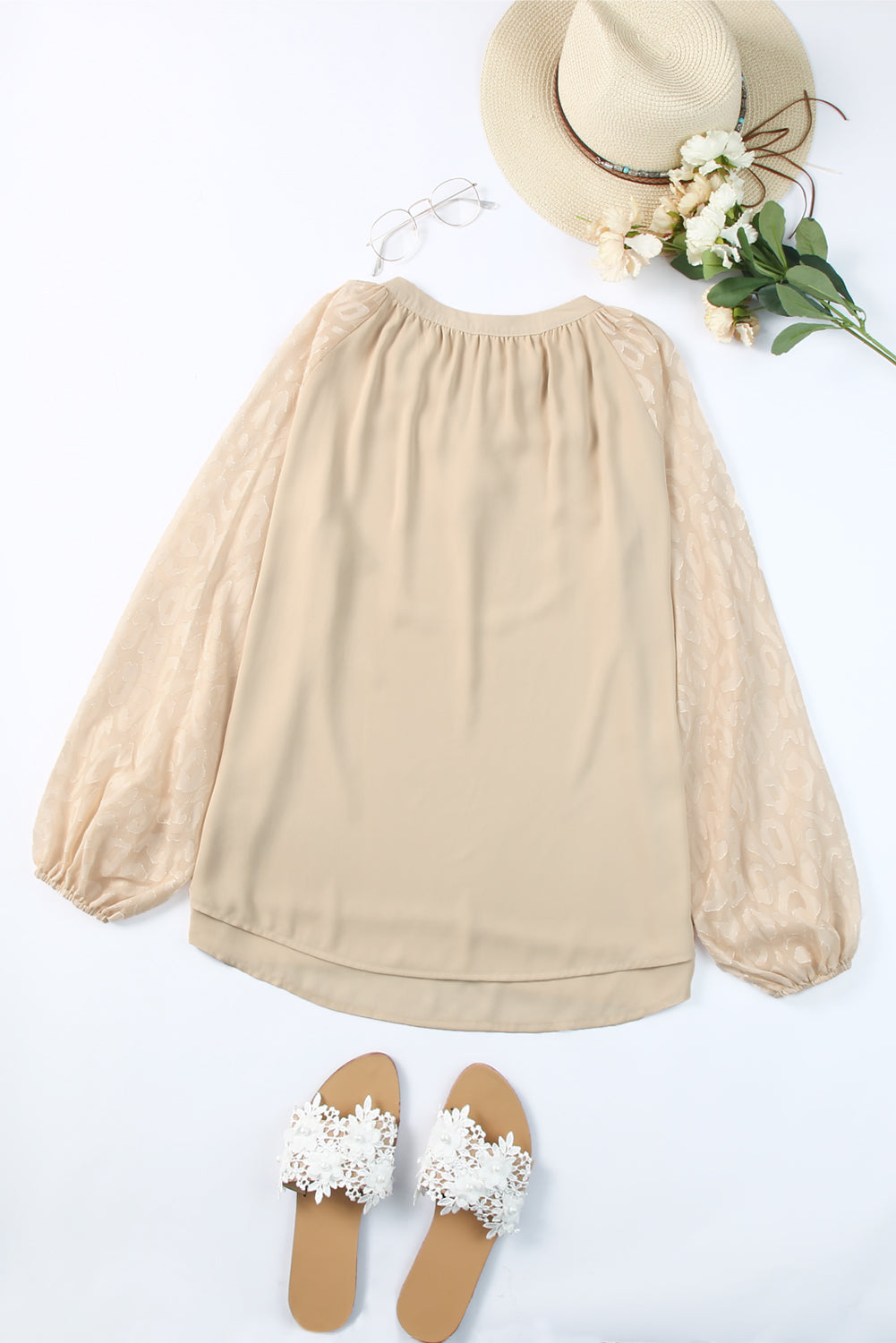 Beige Leopard Print Fringe Blouse - Trendy Split Neck Design