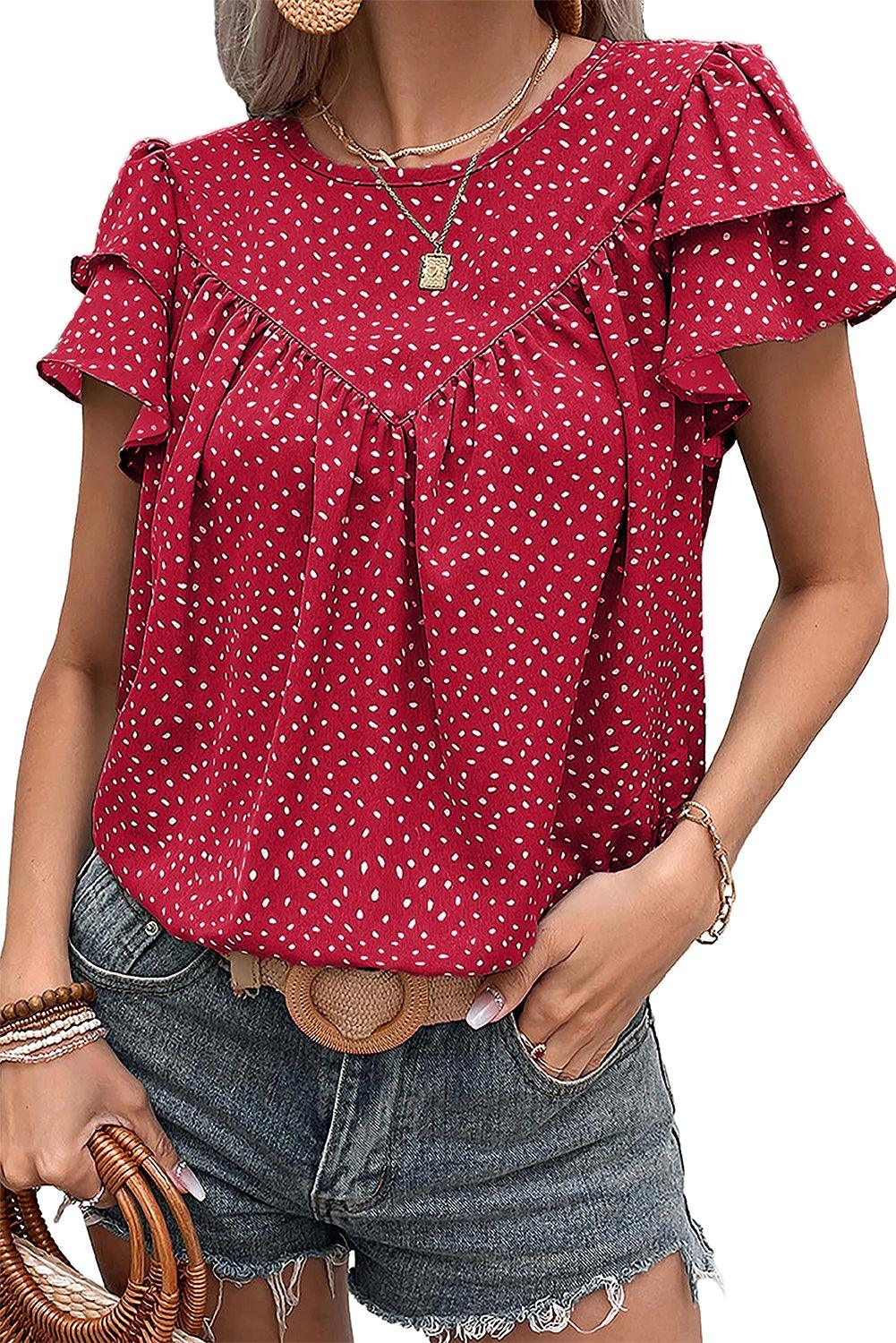 Fiery Red Spotted Print Pleated Ruffle Sleeve Blouse - The Fair Lady Shop