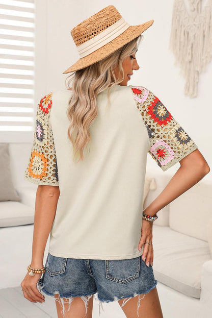 Black Floral Hollowed Crochet Sleeve Boho T Shirt - The Fair Lady Shop