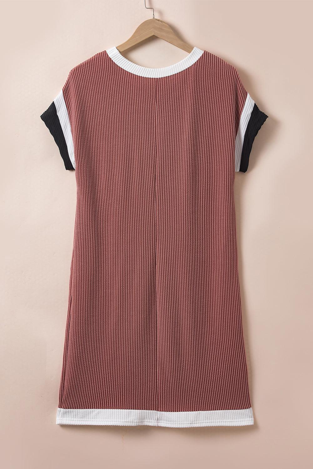 Light French Beige Rib Textured Colorblock Pocket T Shirt Dress - The Fair Lady Shop