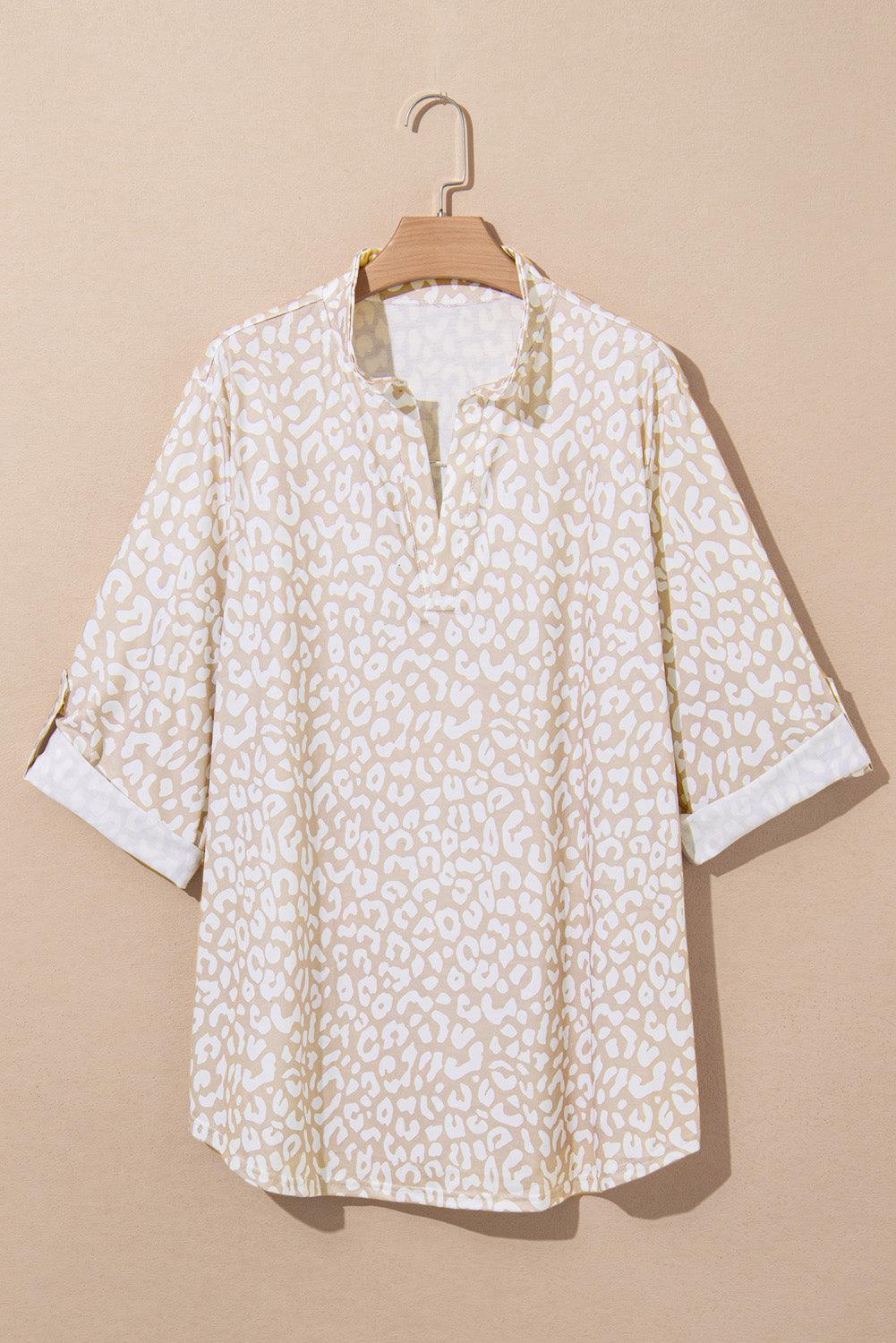 Apricot Leopard Tab Sleeve V Neck Plus Size Top - The Fair Lady Shop