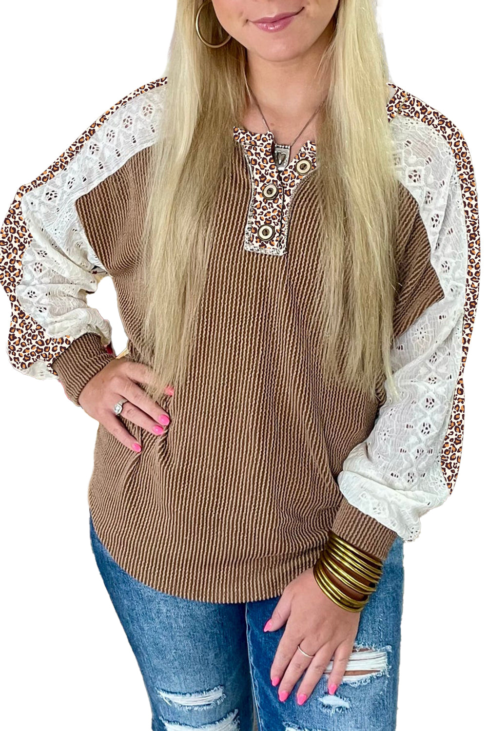 Dark Khaki Texture Patchwork Lace Sleeve Leopard Henley Top