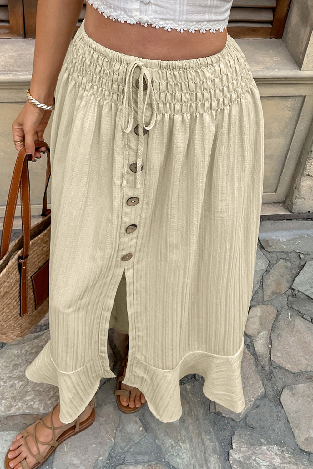 Apricot Drawstring Waist Button Split Skirt - The Fair Lady Shop