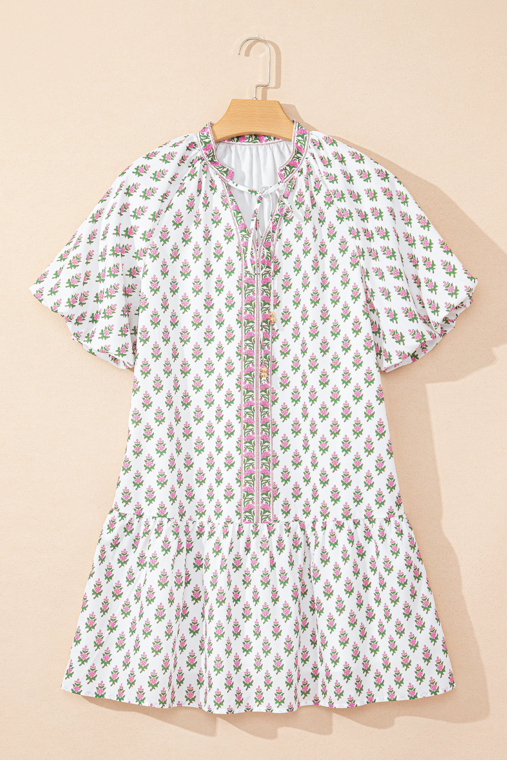 Pink Floral Print Drawstring V Neck Bishop Sleeve Boho Dress - The Fair Lady Shop