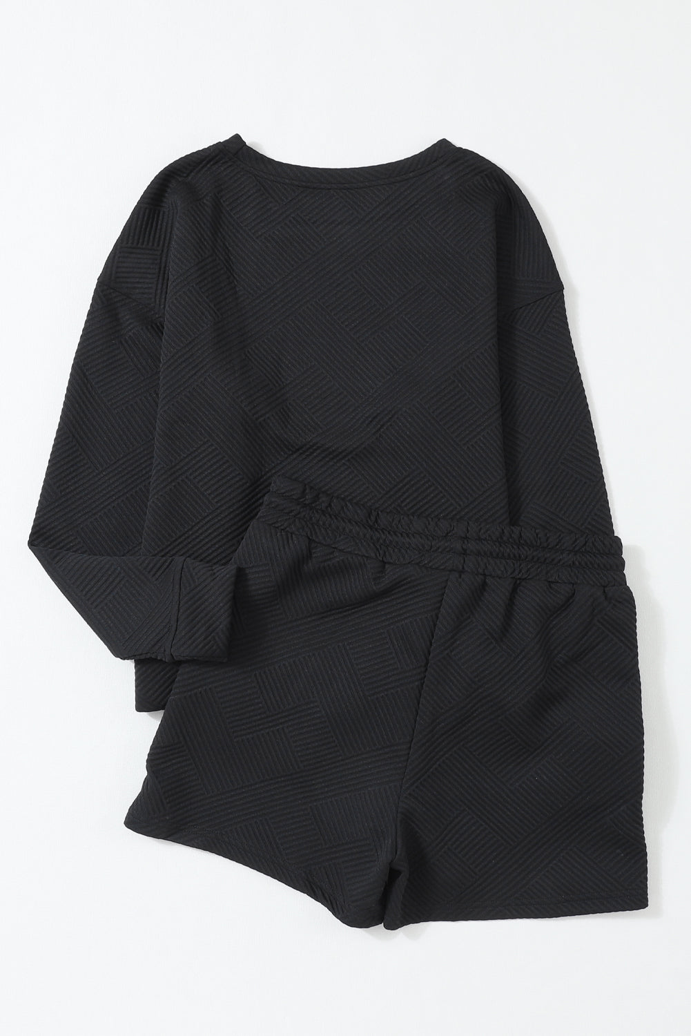 Black Textured Long Sleeve Top & Drawstring Shorts Set - The Fair Lady Shop
