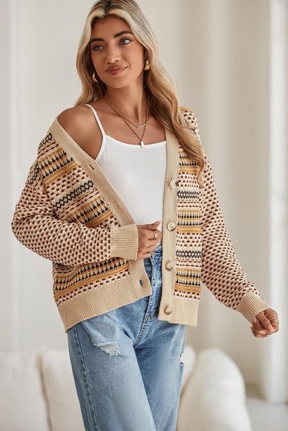 Khaki Geometric Pattern Button Front V Neck Cropped Cardigan - The Fair Lady Shop