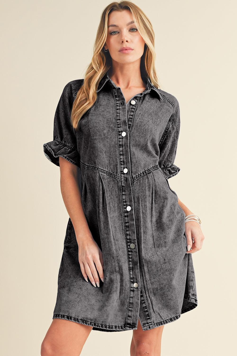 Blue Mineral Washed Ruffled Short Sleeve Pocketed Denim Dress - The Fair Lady Shop